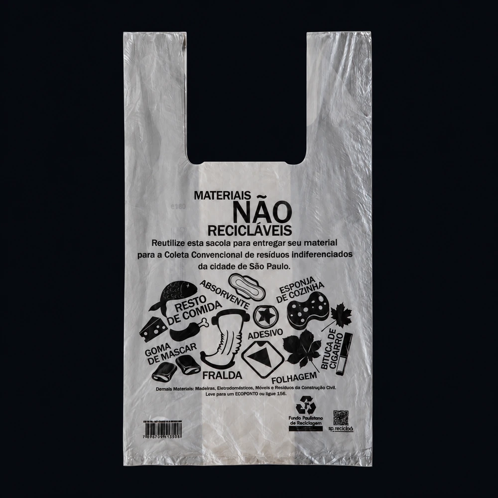 Exemplo de sacola alça camiseta com impressão para identificação de resíduos não recicláveis